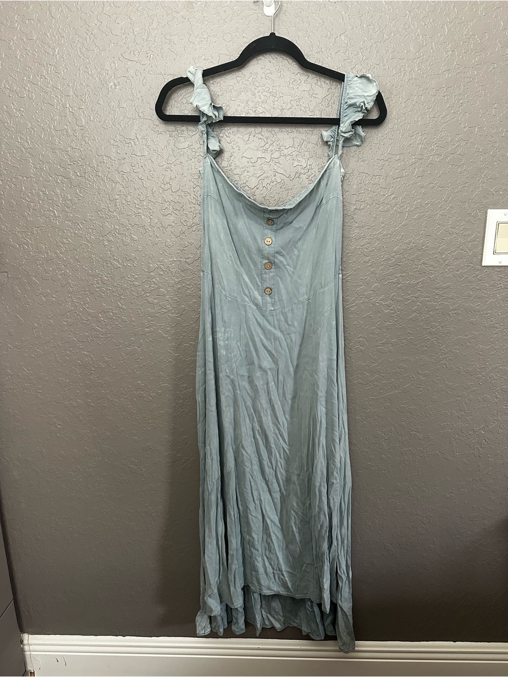 Chaser Light Blue Ruffle-Strap Maxi Dress with Button Front
